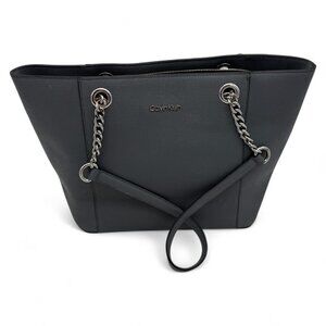 Calvin Klein Black Leather Tote Bag With Chain Straps & Magnetic Closures